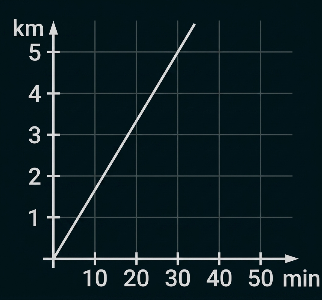 Diagramm mit einer steigenden Geraden in einem km-min-Diagramm.